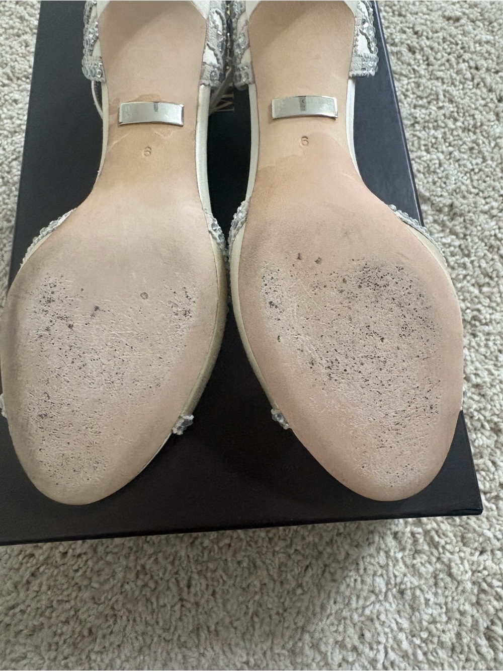 Badgley Mischka Ivory Satin Crystal-Embellished T-Strap Heels. Like New. - Picture 4 of 6